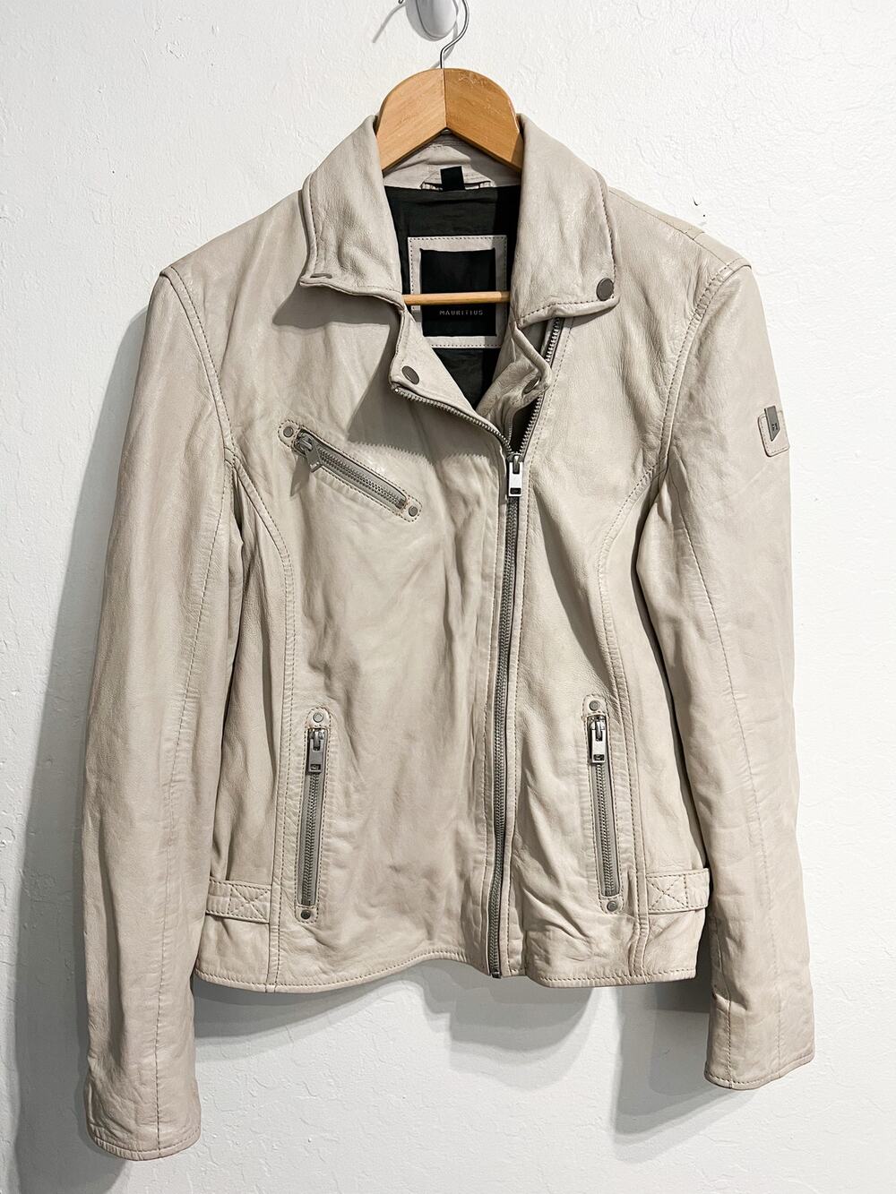 Mauritus Leather Moto Jacket Large Stone Biker Sofia Silver Gray Lambskin Zipper